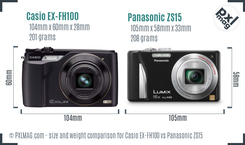 Casio EX-FH100 vs Panasonic ZS15 size comparison