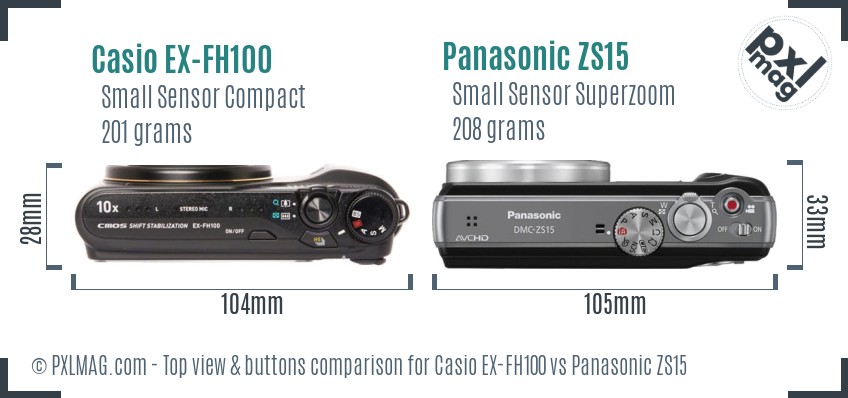 Casio EX-FH100 vs Panasonic ZS15 top view buttons comparison