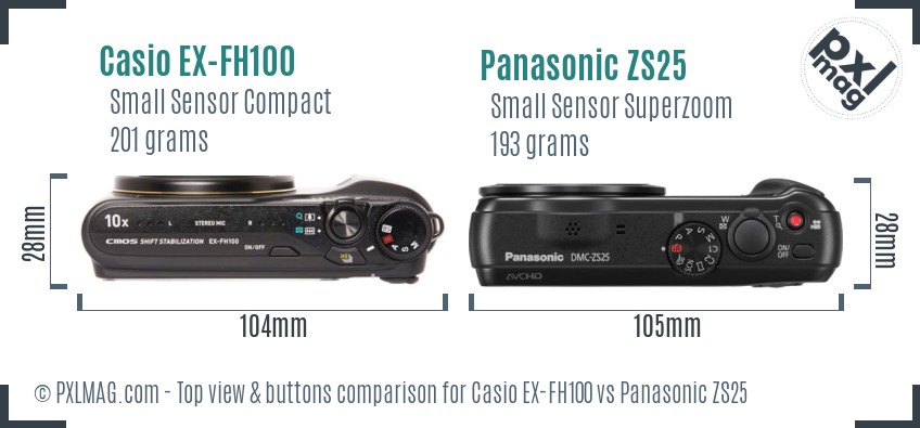 Casio EX-FH100 vs Panasonic ZS25 top view buttons comparison