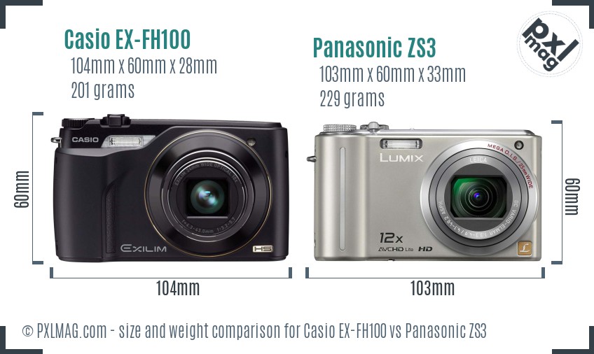 Casio EX-FH100 vs Panasonic ZS3 size comparison