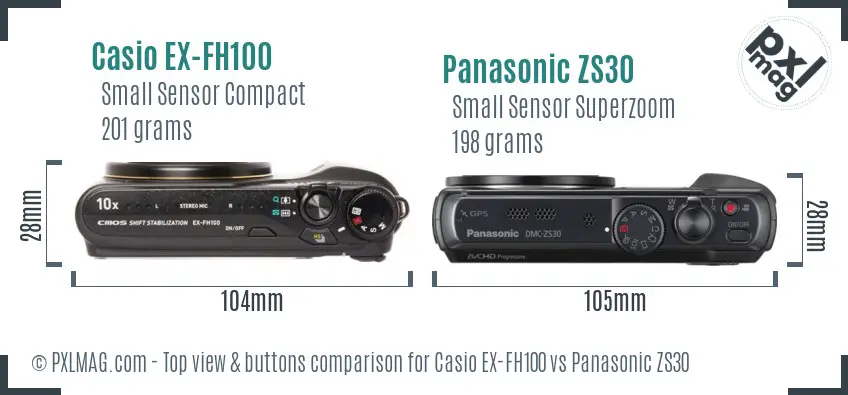 Casio EX-FH100 vs Panasonic ZS30 top view buttons comparison Casio EX-FH100 vs Panasonic ZS30 top view buttons comparison