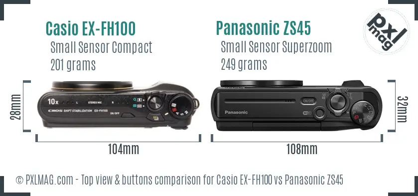 Casio EX-FH100 vs Panasonic ZS45 top view buttons comparison
