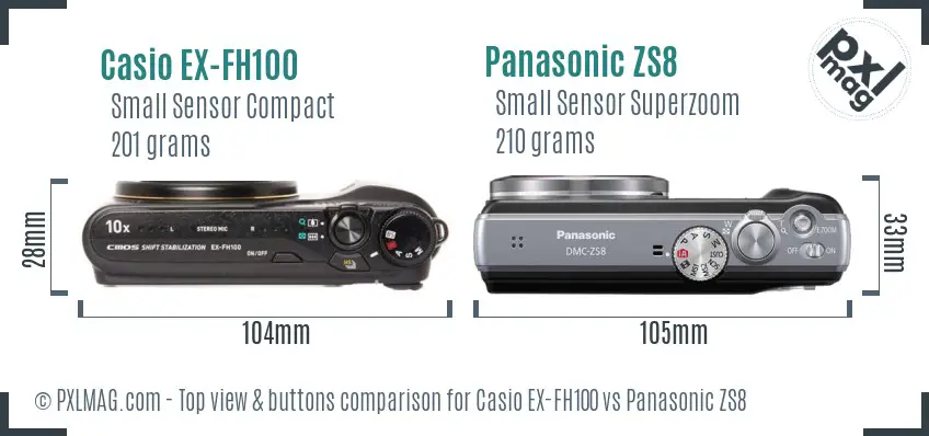 Casio EX-FH100 vs Panasonic ZS8 top view buttons comparison