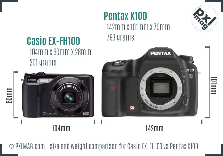 Casio EX-FH100 vs Pentax K10D size comparison