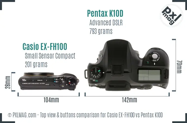 Casio EX-FH100 vs Pentax K10D top view buttons comparison