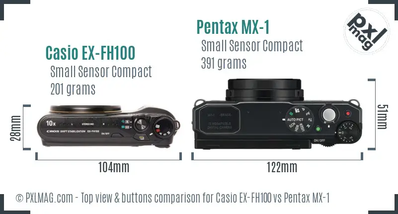 Casio EX-FH100 vs Pentax MX-1 top view buttons comparison