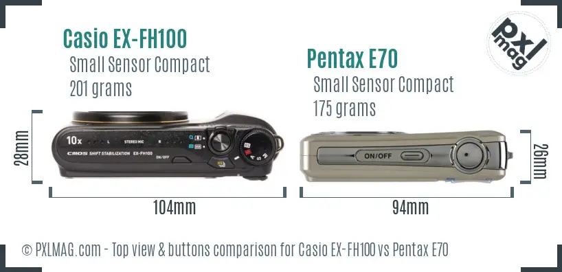 Casio EX-FH100 vs Pentax E70 top view buttons comparison