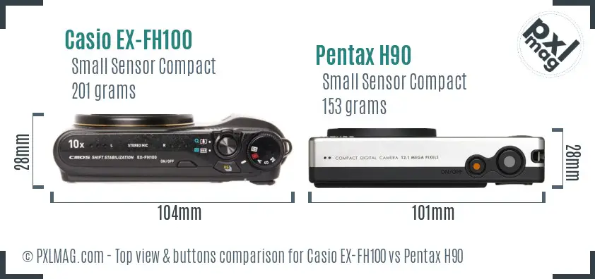 Casio EX-FH100 vs Pentax H90 top view buttons comparison Casio EX-FH100 vs Pentax H90 top view buttons comparison