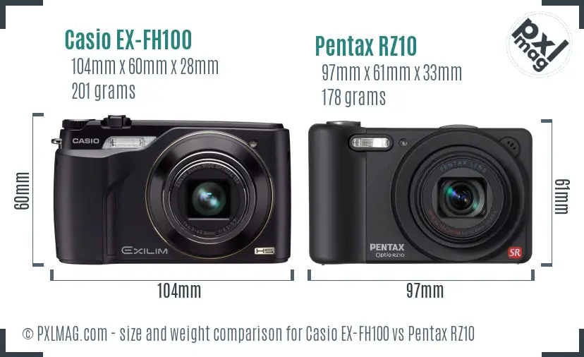 Casio EX-FH100 vs Pentax RZ10 size comparison Casio EX-FH100 vs Pentax RZ10 size comparison