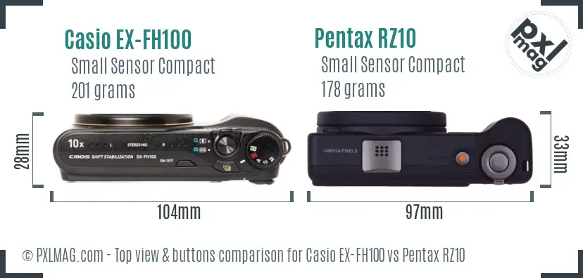 Casio EX-FH100 vs Pentax RZ10 top view buttons comparison Casio EX-FH100 vs Pentax RZ10 top view buttons comparison