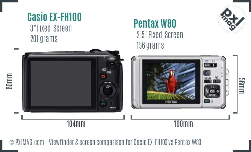 Casio EX-FH100 vs Pentax W80 Screen and Viewfinder comparison