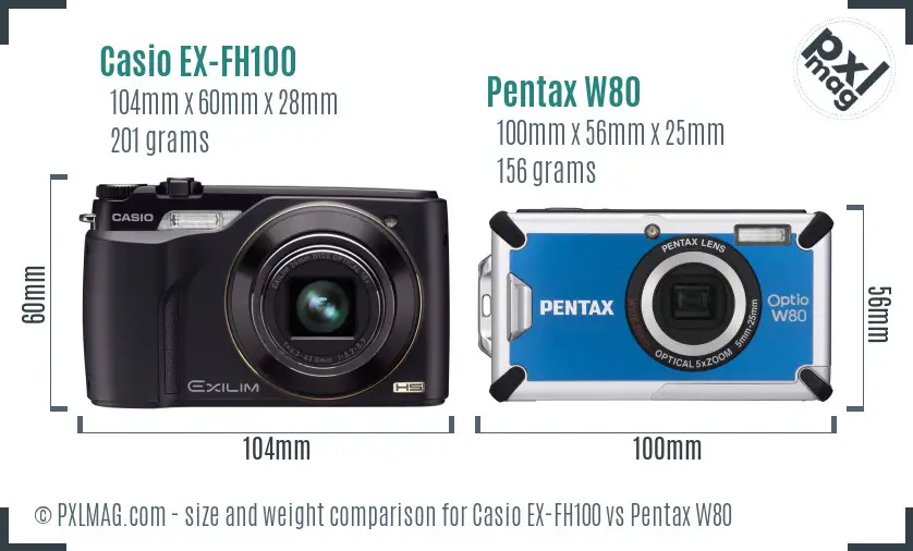 Casio EX-FH100 vs Pentax W80 size comparison