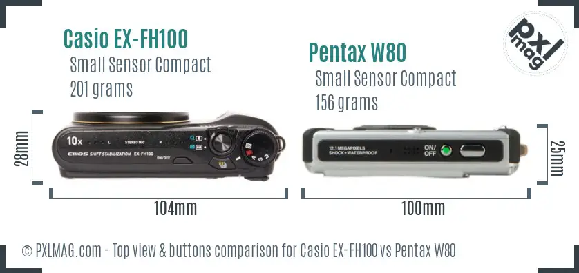 Casio EX-FH100 vs Pentax W80 top view buttons comparison
