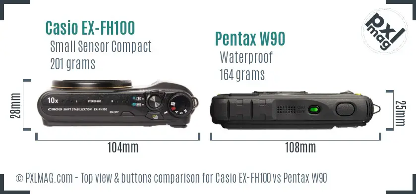 Casio EX-FH100 vs Pentax W90 top view buttons comparison Casio EX-FH100 vs Pentax W90 top view buttons comparison