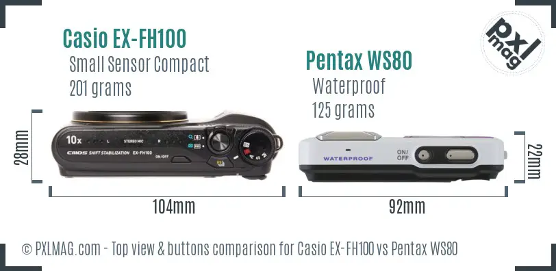 Casio EX-FH100 vs Pentax WS80 top view buttons comparison
