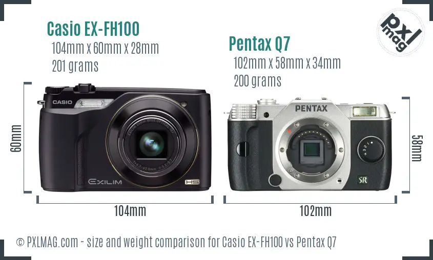 Casio EX-FH100 vs Pentax Q7 size comparison