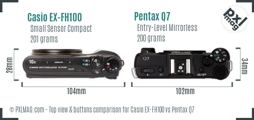 Casio EX-FH100 vs Pentax Q7 top view buttons comparison