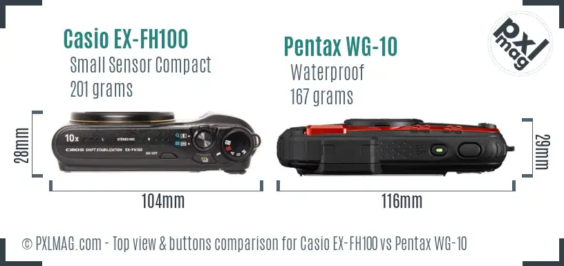 Casio EX-FH100 vs Pentax WG-10 top view buttons comparison