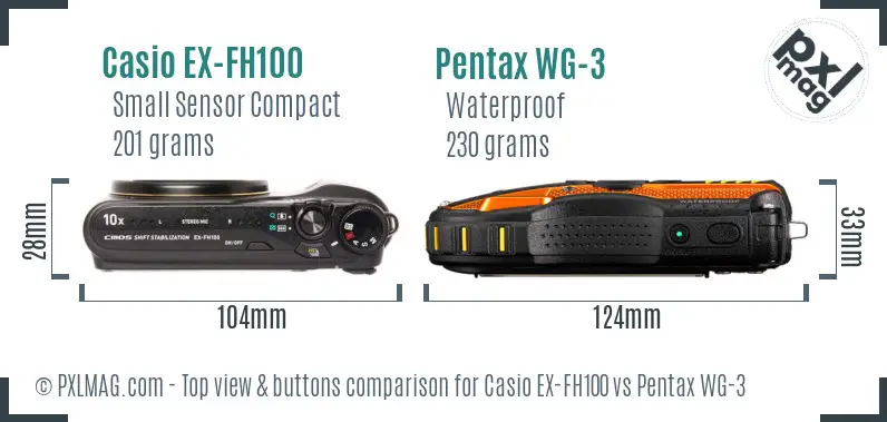 Casio EX-FH100 vs Pentax WG-3 top view buttons comparison