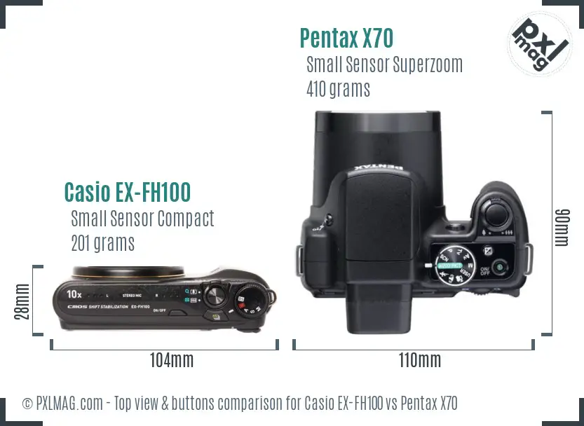 Casio EX-FH100 vs Pentax X70 top view buttons comparison