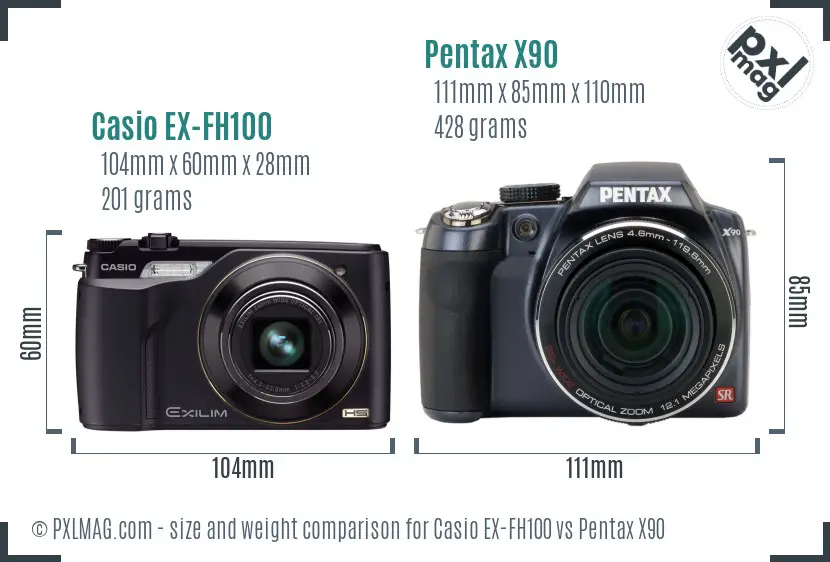 Casio EX-FH100 vs Pentax X90 size comparison