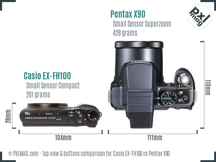 Casio EX-FH100 vs Pentax X90 top view buttons comparison