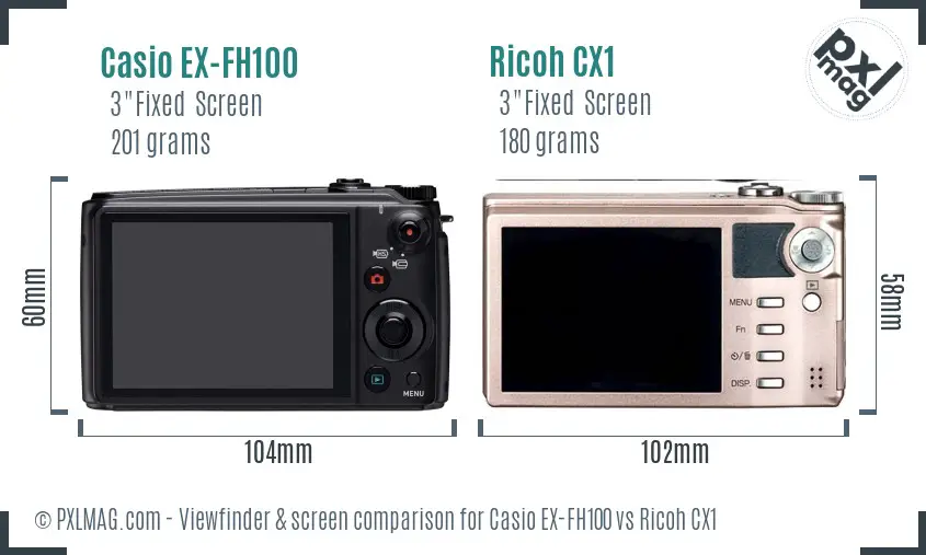 Casio EX-FH100 vs Ricoh CX1 Screen and Viewfinder comparison