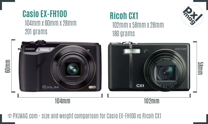 Casio EX-FH100 vs Ricoh CX1 size comparison