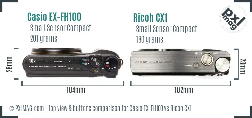 Casio EX-FH100 vs Ricoh CX1 top view buttons comparison