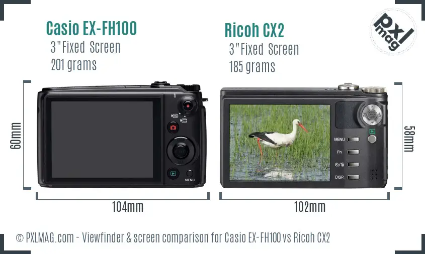 Casio EX-FH100 vs Ricoh CX2 Screen and Viewfinder comparison