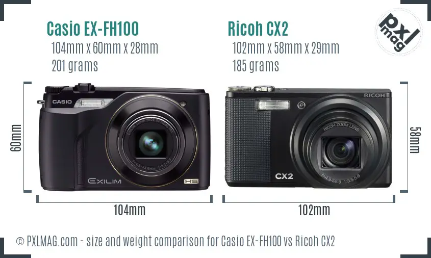 Casio EX-FH100 vs Ricoh CX2 size comparison