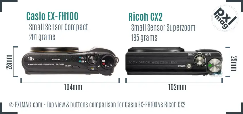 Casio EX-FH100 vs Ricoh CX2 top view buttons comparison