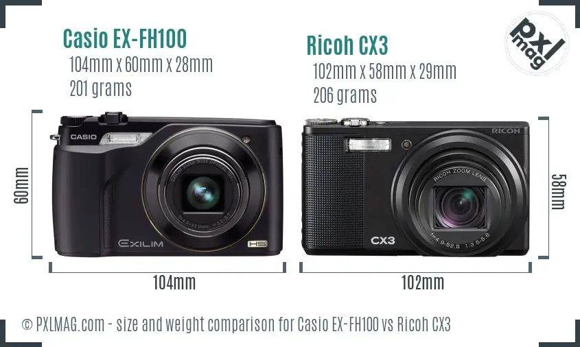 Casio EX-FH100 vs Ricoh CX3 size comparison