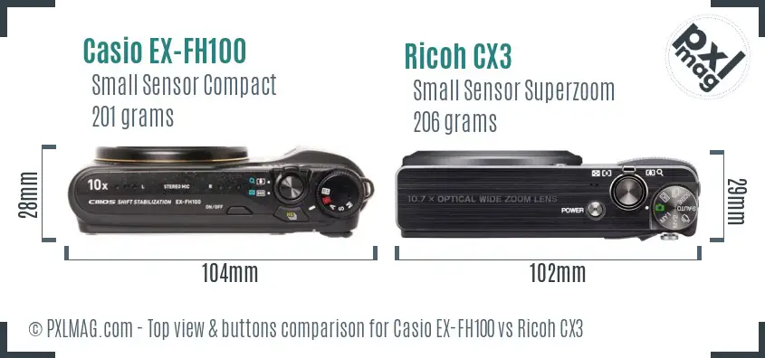 Casio EX-FH100 vs Ricoh CX3 top view buttons comparison