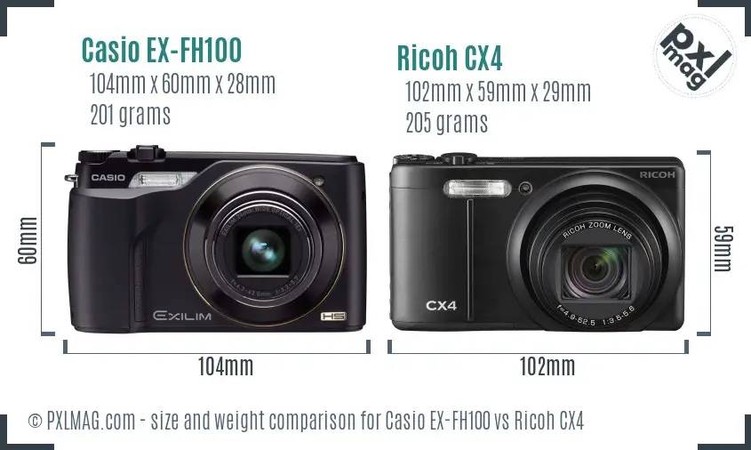 Casio EX-FH100 vs Ricoh CX4 size comparison