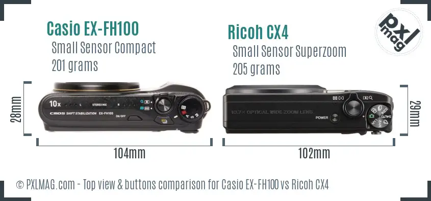 Casio EX-FH100 vs Ricoh CX4 top view buttons comparison