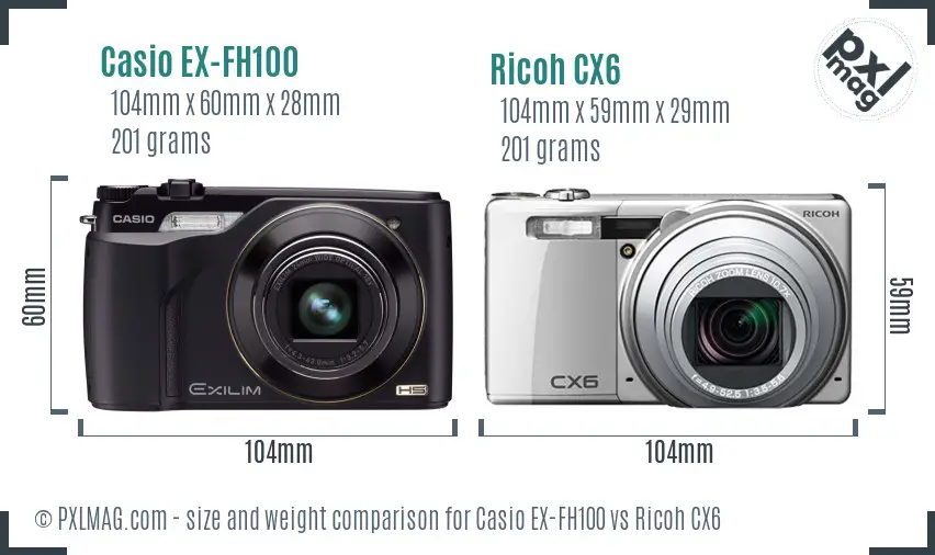 Casio EX-FH100 vs Ricoh CX6 size comparison