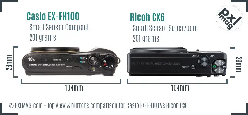 Casio EX-FH100 vs Ricoh CX6 top view buttons comparison