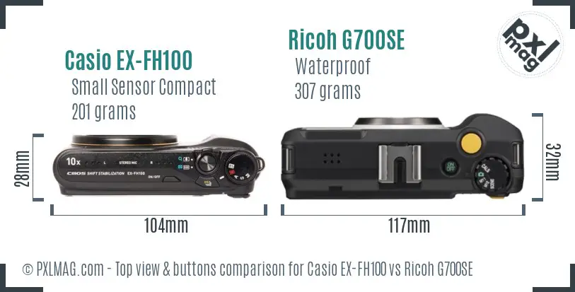Casio EX-FH100 vs Ricoh G700SE top view buttons comparison
