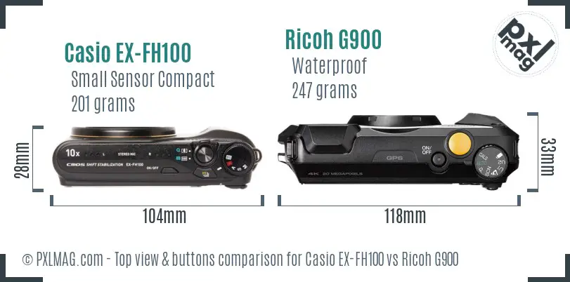 Casio EX-FH100 vs Ricoh G900 top view buttons comparison Casio EX-FH100 vs Ricoh G900 top view buttons comparison