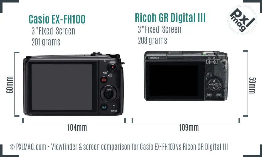 Casio EX-FH100 vs Ricoh GR Digital III Screen and Viewfinder comparison