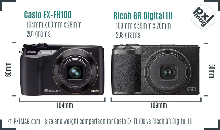 Casio EX-FH100 vs Ricoh GR Digital III size comparison