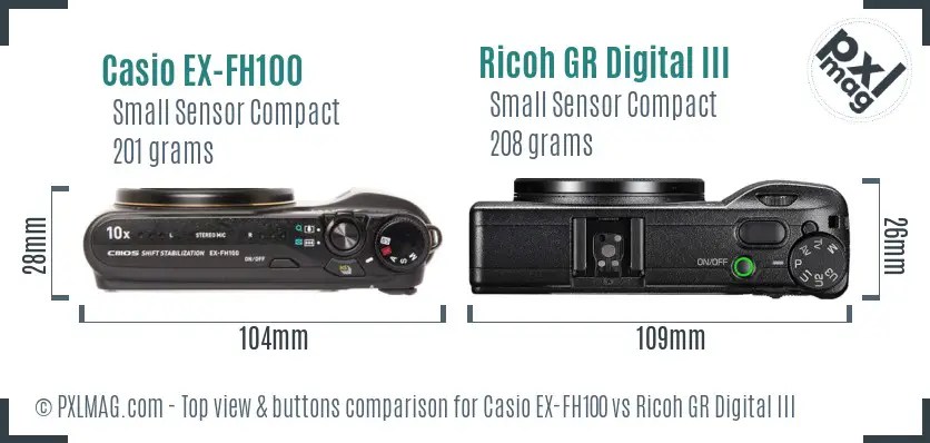 Casio EX-FH100 vs Ricoh GR Digital III top view buttons comparison