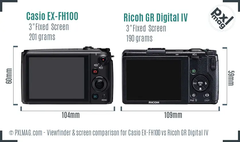 Casio EX-FH100 vs Ricoh GR Digital IV Screen and Viewfinder comparison