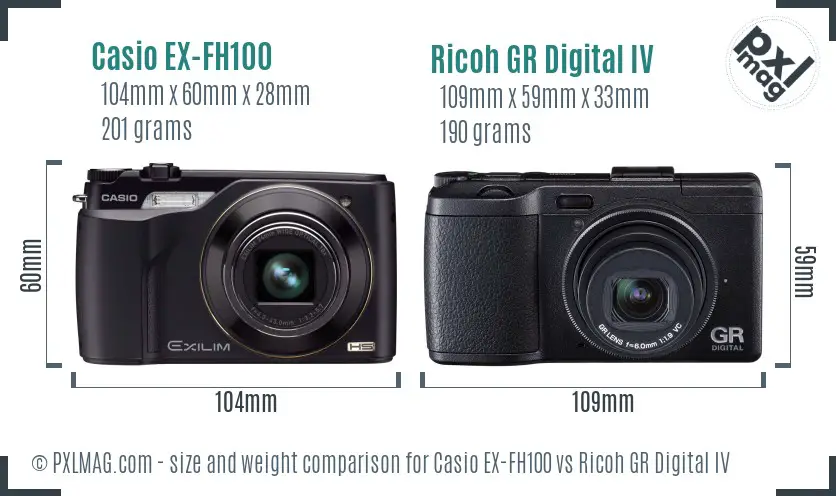 Casio EX-FH100 vs Ricoh GR Digital IV size comparison