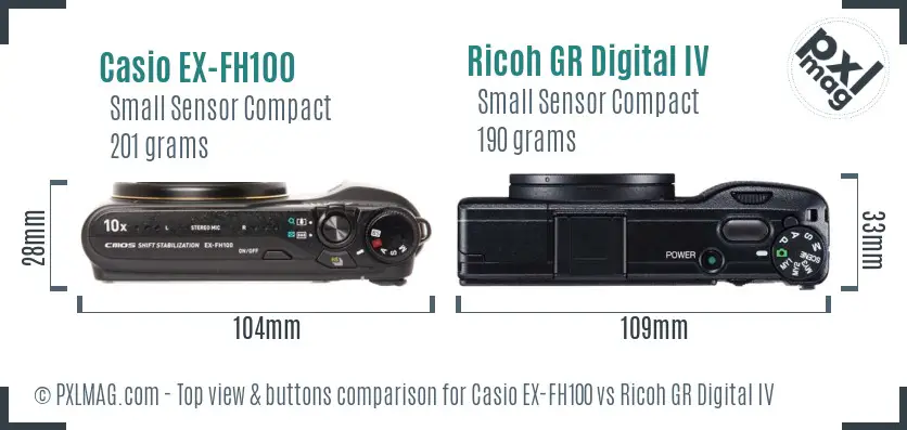 Casio EX-FH100 vs Ricoh GR Digital IV top view buttons comparison