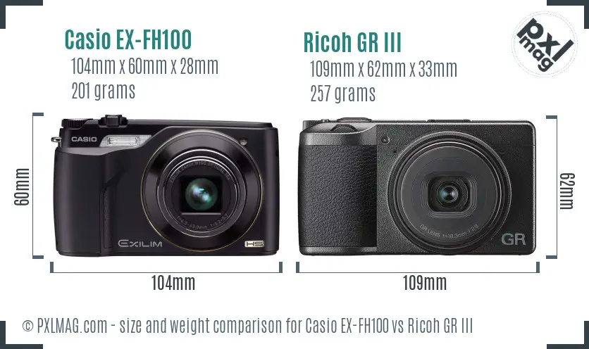 Casio EX-FH100 vs Ricoh GR III size comparison Casio EX-FH100 vs Ricoh GR III size comparison