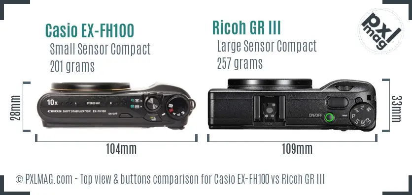 Casio EX-FH100 vs Ricoh GR III top view buttons comparison Casio EX-FH100 vs Ricoh GR III top view buttons comparison
