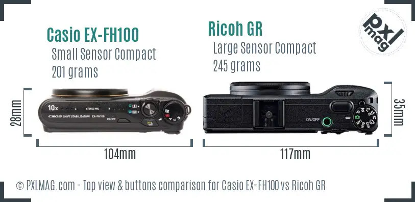 Casio EX-FH100 vs Ricoh GR top view buttons comparison Casio EX-FH100 vs Ricoh GR top view buttons comparison