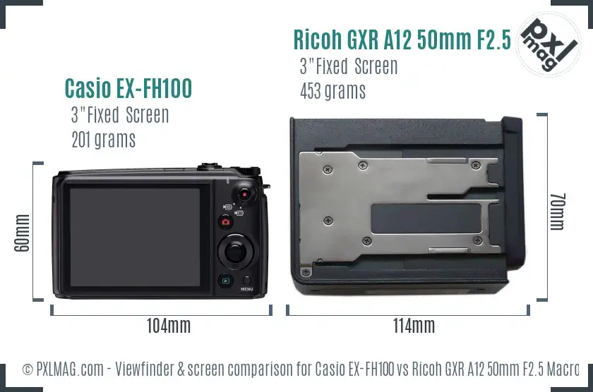 Casio EX-FH100 vs Ricoh GXR A12 50mm F2.5 Macro Screen and Viewfinder comparison